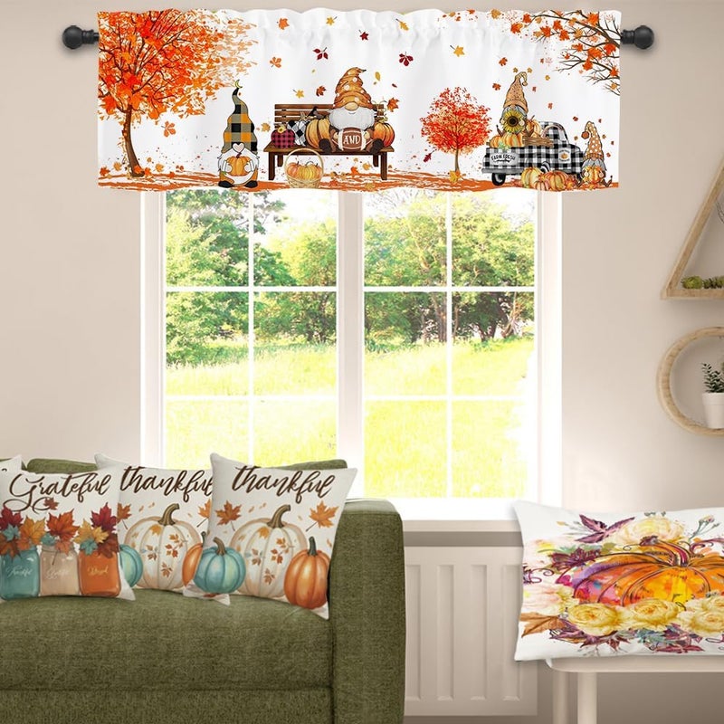 Finphoon Fall Kitchen Valances for Windows, Gnome Pumpkin Leaves Window Valances 54x18, Autumn Thanksgiving Farmhouse Rod Pocket Valance Curtains for Living Room Bedroom - Image 4
